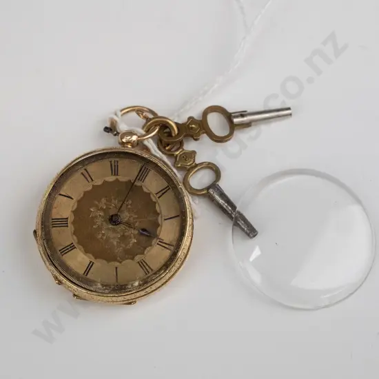 pocket watch - 18ct case, wear to face, glass loose - 12gm