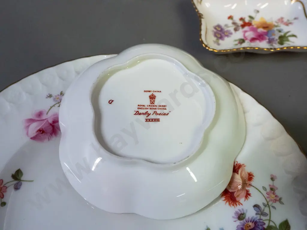 5 pieces of Royal Crown Derby fine floral china - 3 are marked Posies, plate is D-210 Image 1++