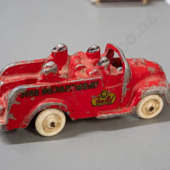 vintage Fun Ho white wheel cast alloy fire truck with Fun Ho and Fire Department transfers - overall surface wear L-120