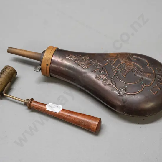 copper powder flask with brass collar, spring fitting with stag motif, marked Lyman - and a brass powder measure with