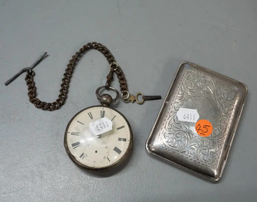 vintage sterling silver cigarette case and sterling cased pocket watch in restorer's condition - damaged hands, marks Image 1++