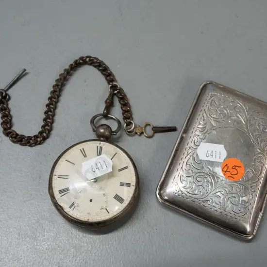 vintage sterling silver cigarette case and sterling cased pocket watch in restorer's condition - damaged hands, marks