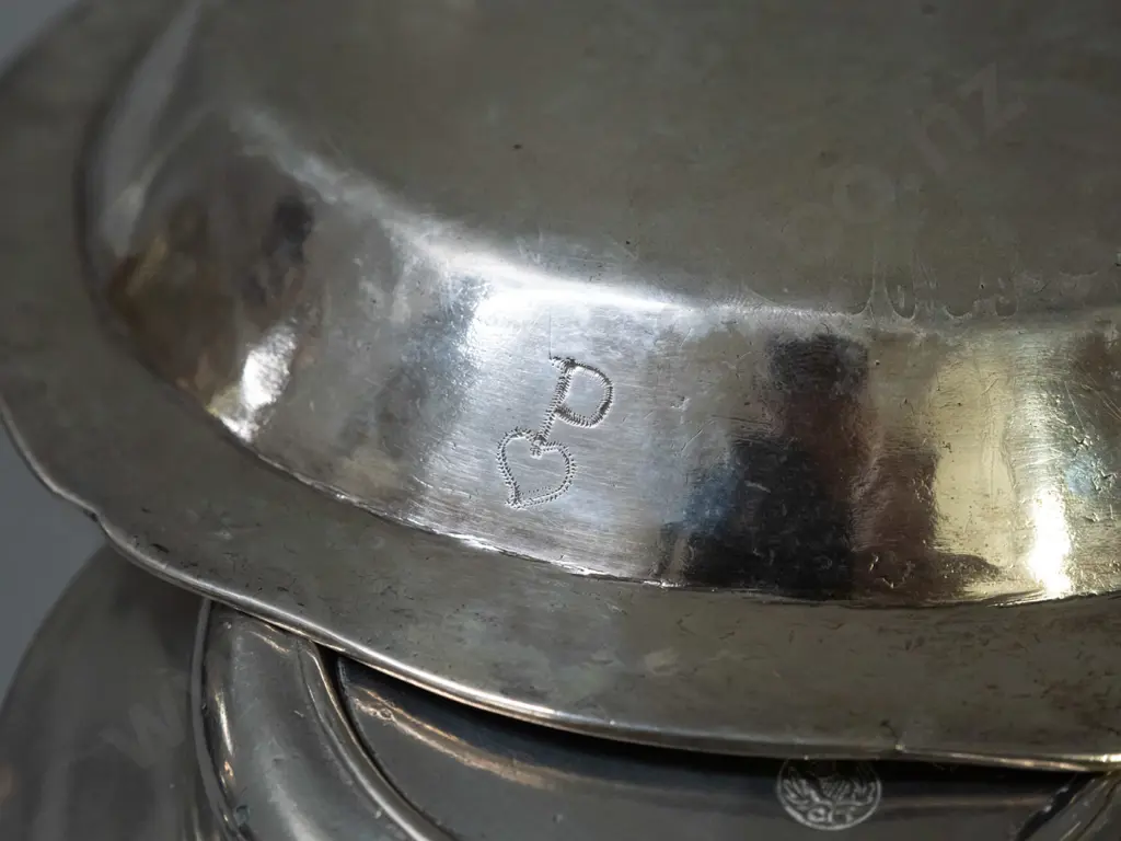 assorted "alpaca silver" metal alloy items from Argentina - 5 dishes and a bowl with pierced lug handles - largest dish Image 1++
