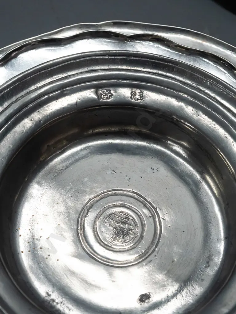 assorted "alpaca silver" metal alloy items from Argentina - 5 dishes and a bowl with pierced lug handles - largest dish Image 1++