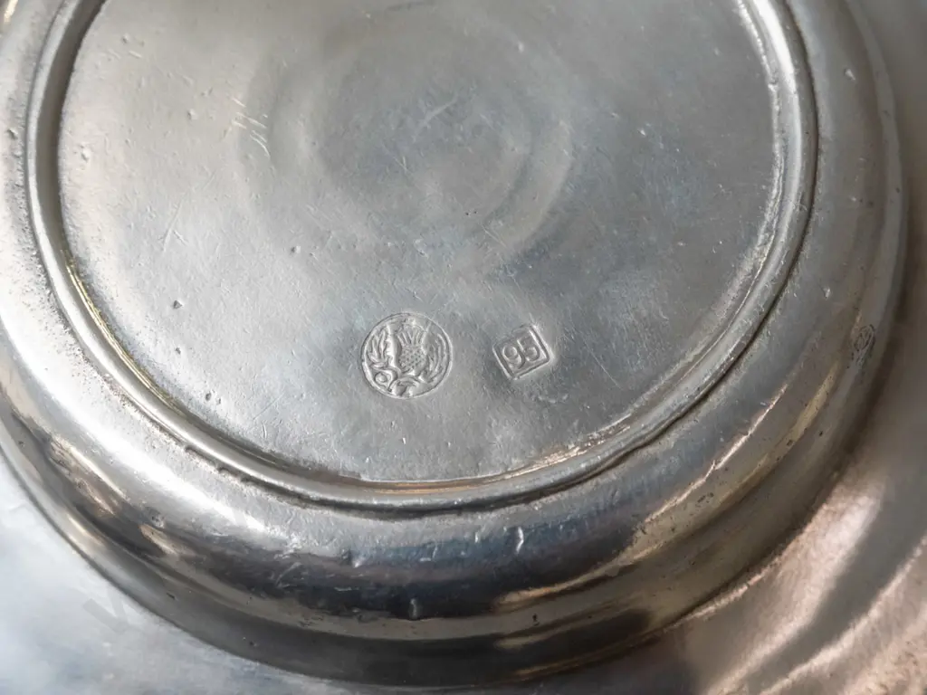 assorted "alpaca silver" metal alloy items from Argentina - 5 dishes and a bowl with pierced lug handles - largest dish Image 1++