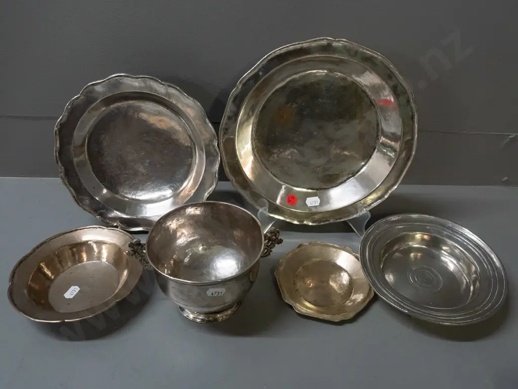 assorted "alpaca silver" metal alloy items from Argentina - 5 dishes and a bowl with pierced lug handles - largest dish Image 1++