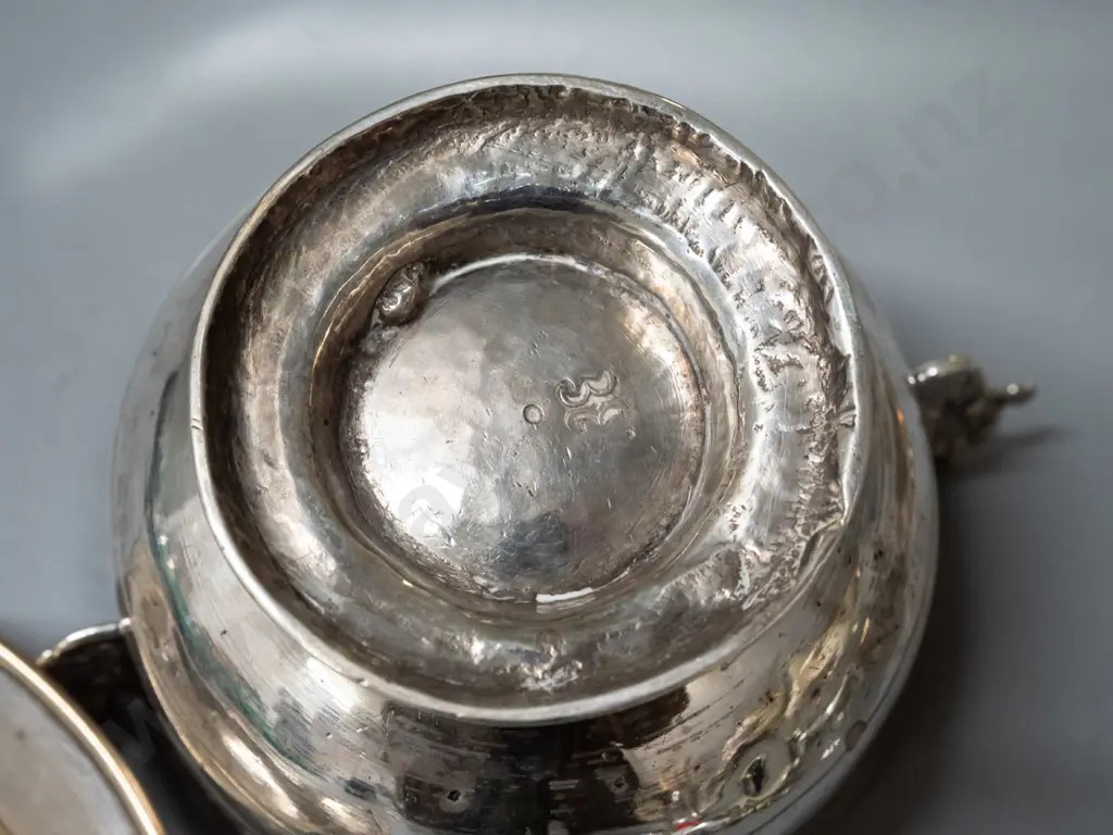 assorted "alpaca silver" metal alloy items from Argentina - 5 dishes and a bowl with pierced lug handles - largest dish Image 1++