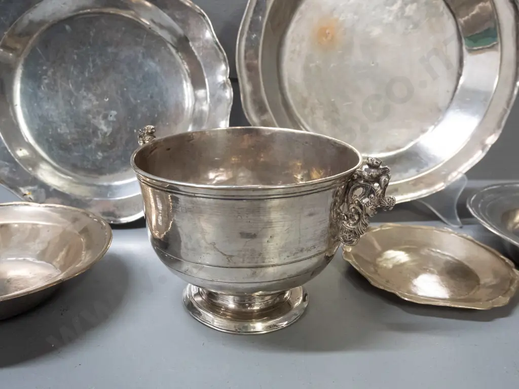 assorted "alpaca silver" metal alloy items from Argentina - 5 dishes and a bowl with pierced lug handles - largest dish Image 1++