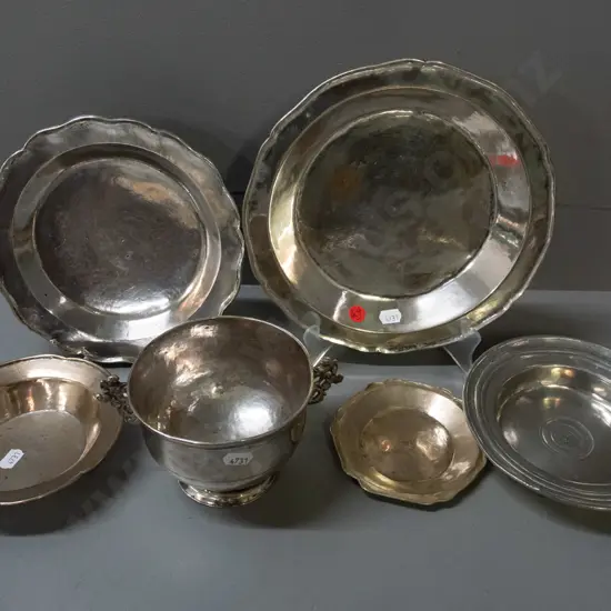 assorted "alpaca silver" metal alloy items from Argentina - 5 dishes and a bowl with pierced lug handles - largest dish