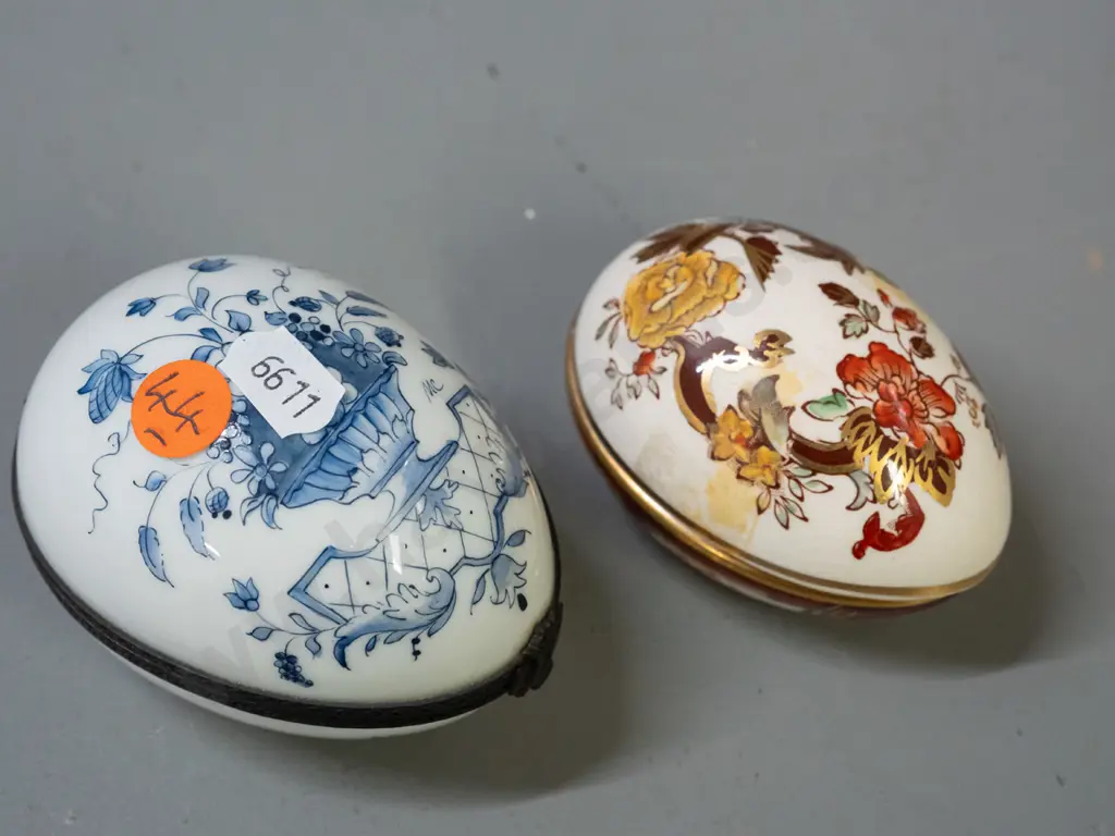 2 ceramic eggs - Limoges with brass hinged mount L-90 and the other Masons England, some tape residue Image 1++