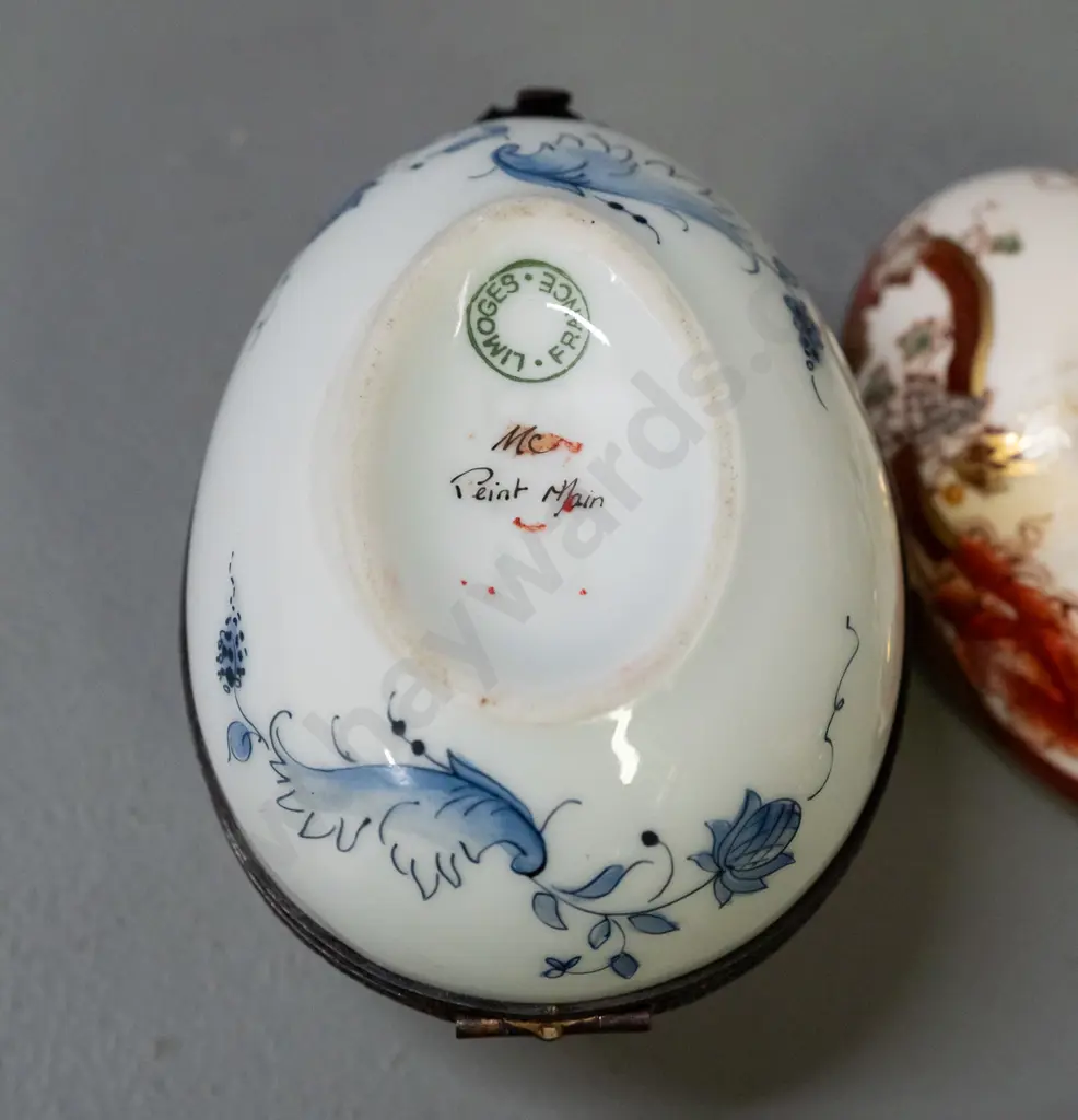 2 ceramic eggs - Limoges with brass hinged mount L-90 and the other Masons England, some tape residue Image 1++