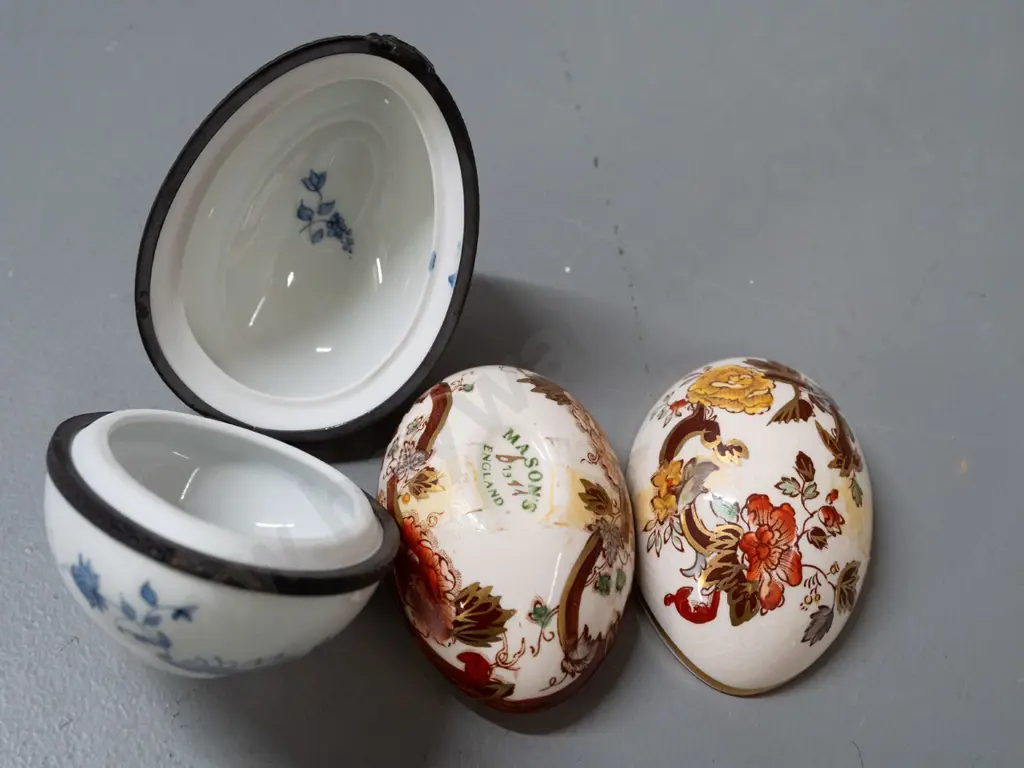 2 ceramic eggs - Limoges with brass hinged mount L-90 and the other Masons England, some tape residue Image 1++