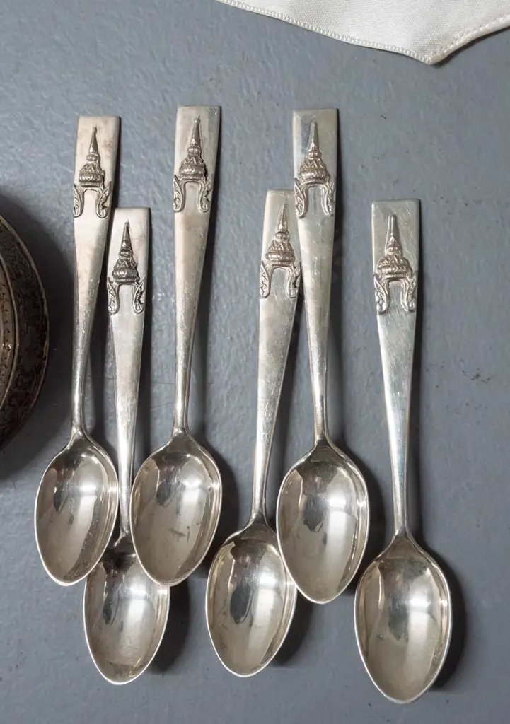 2 sets of 6 Thai silver coffee spoons marked "Made in Siam - Sterling" - all with monogram & dates on handles - a lidded Image 1++