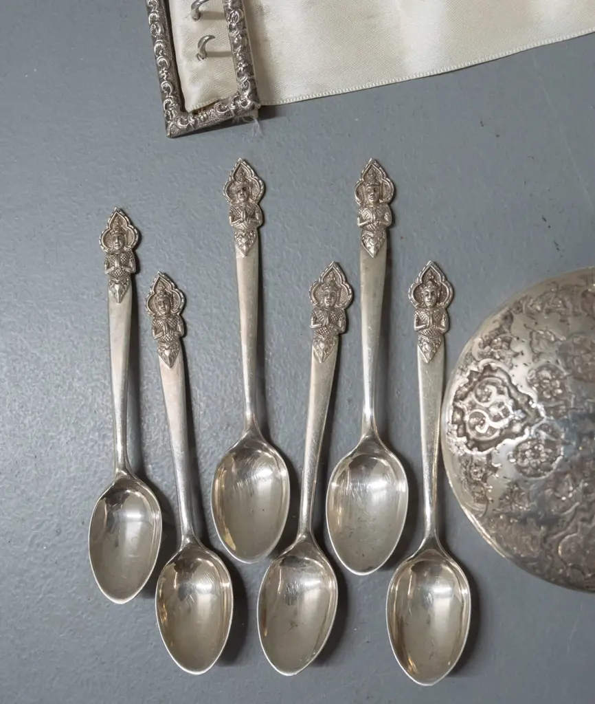 2 sets of 6 Thai silver coffee spoons marked "Made in Siam - Sterling" - all with monogram & dates on handles - a lidded Image 1++