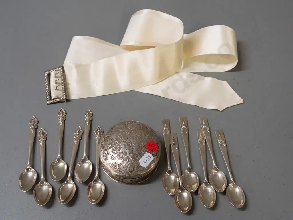 2 sets of 6 Thai silver coffee spoons marked "Made in Siam - Sterling" - all with monogram & dates on handles - a lidded Image 1++