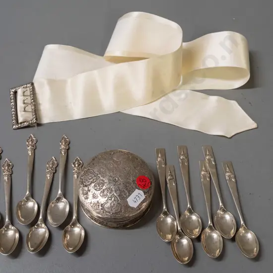 2 sets of 6 Thai silver coffee spoons marked "Made in Siam - Sterling" - all with monogram & dates on handles - a lidded