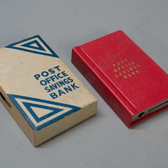 Post Office Savings Bank money box with original cardboard box - unused condition, no key. Box 120 x 80.