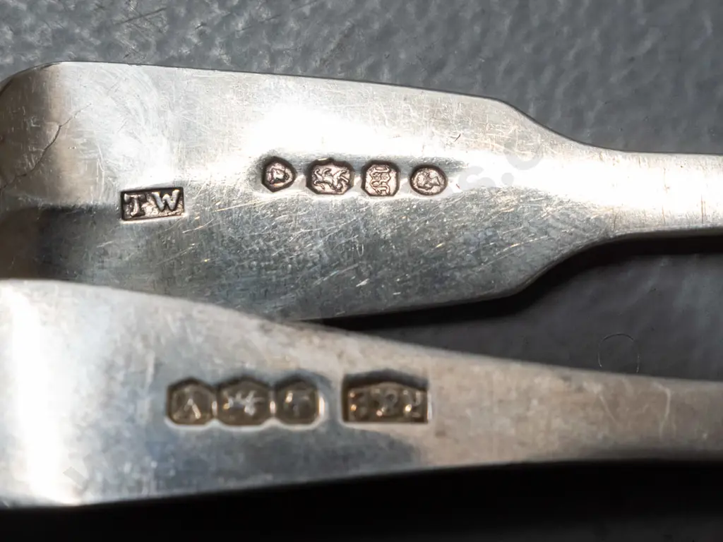 sterling silver butter knives, spoon with notched hook in handle and sugar scoop - all have hallmarks. Scoop is L-150 Image 1++