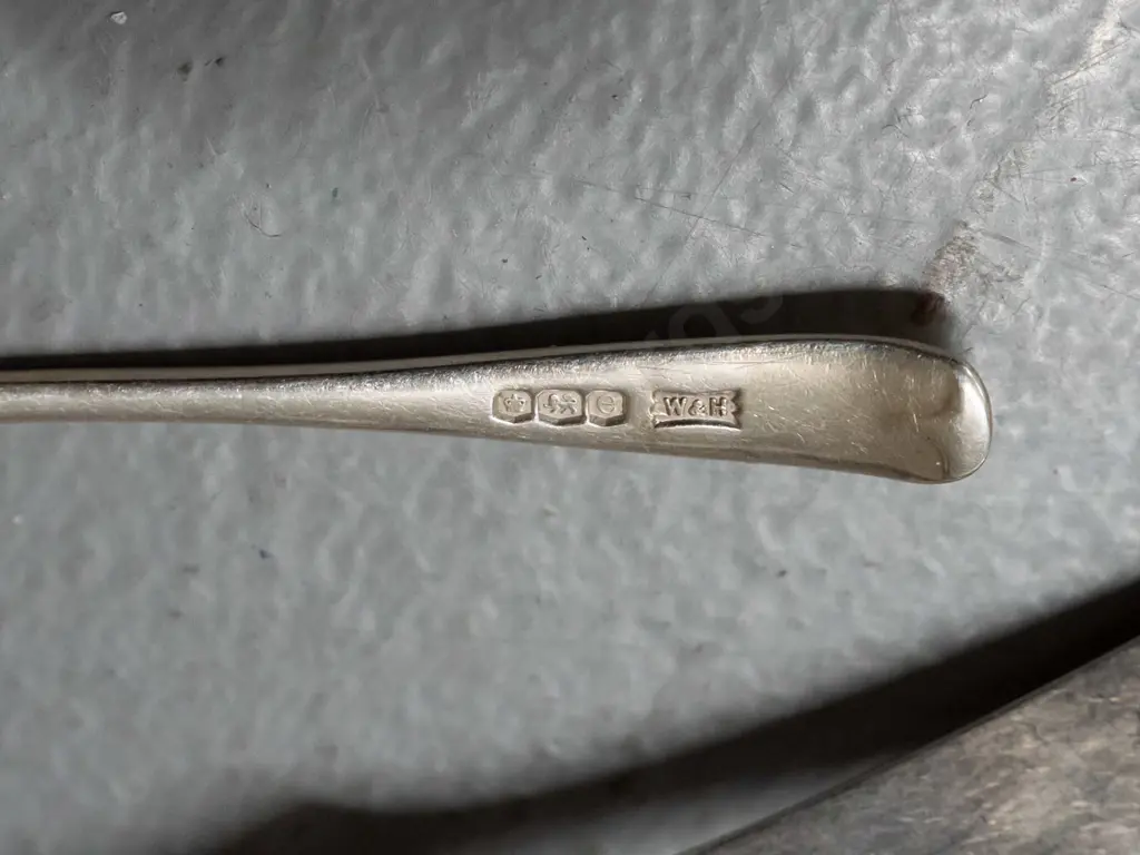 sterling silver butter knives, spoon with notched hook in handle and sugar scoop - all have hallmarks. Scoop is L-150 Image 1++