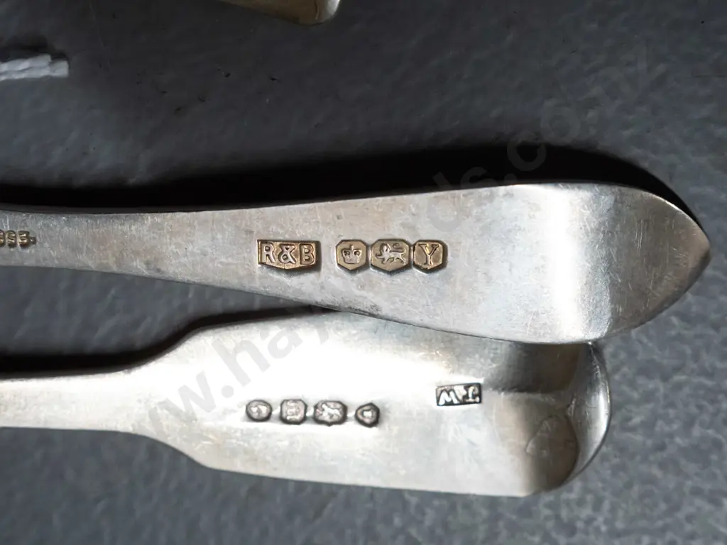 sterling silver butter knives, spoon with notched hook in handle and sugar scoop - all have hallmarks. Scoop is L-150 Image 1++