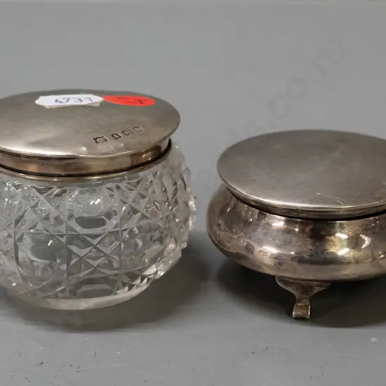 2 hallmarked sterling silver items - cut glass pot with silver lid and a small baize-lined trinket with hinged lid, both