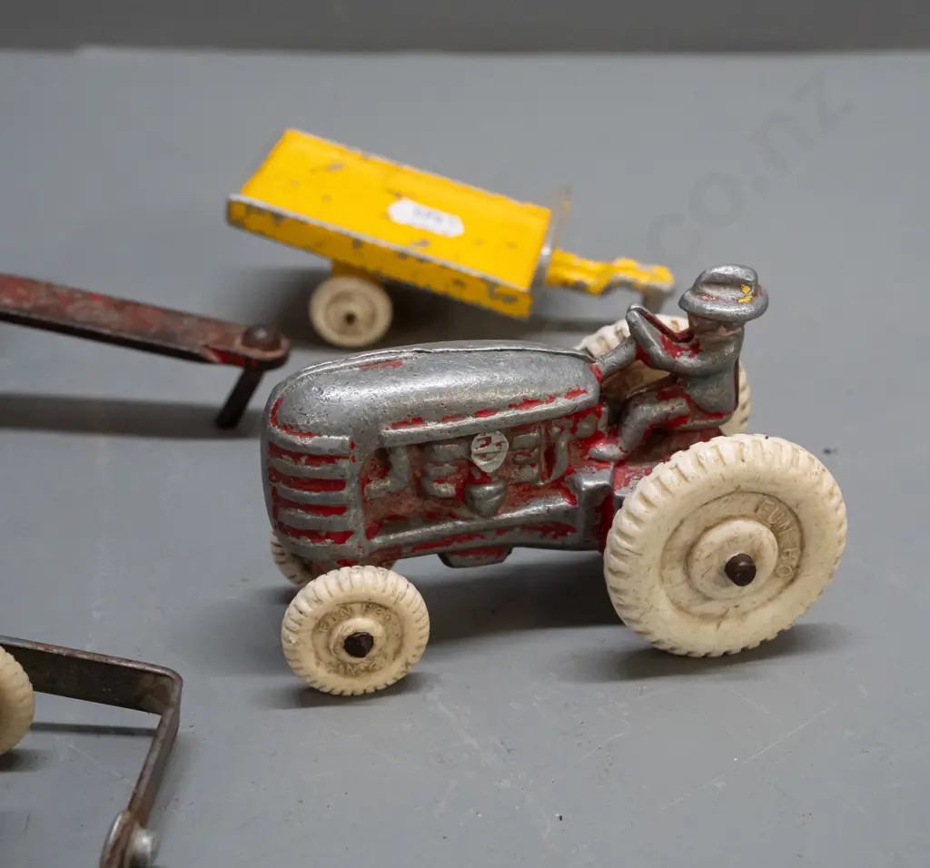 vintage Fun Ho white-wheel cast alloy vehicles - 2 tractors and 2 trailers. Larger tractor missing blade attachment, Image 1++