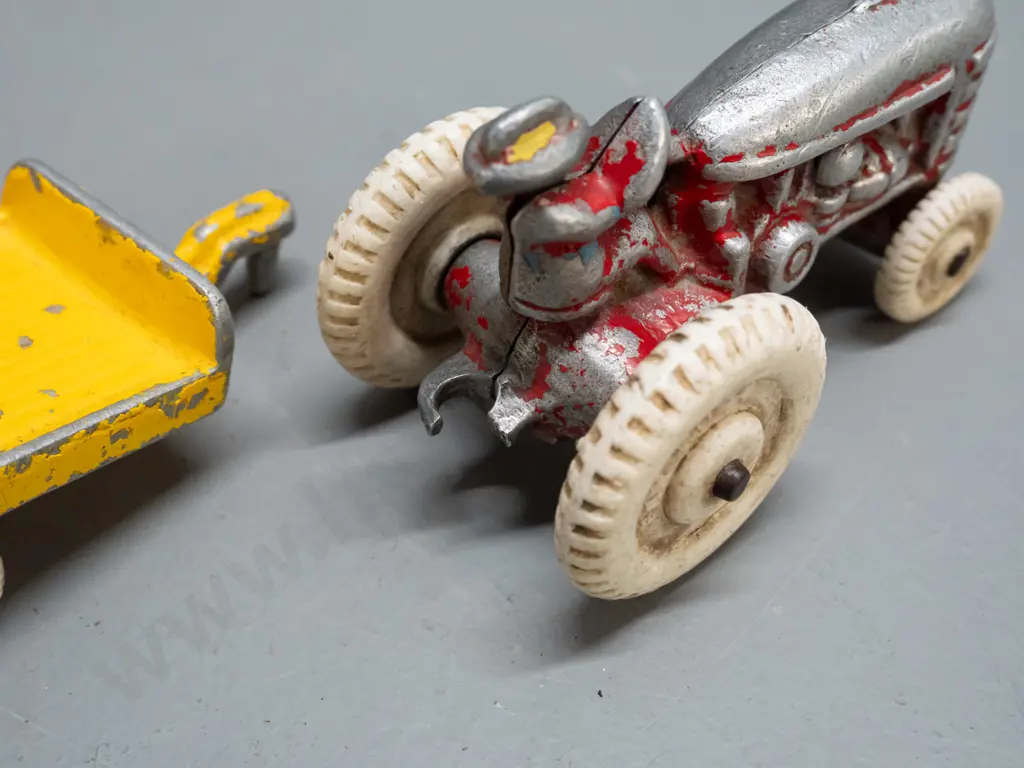 vintage Fun Ho white-wheel cast alloy vehicles - 2 tractors and 2 trailers. Larger tractor missing blade attachment, Image 1++