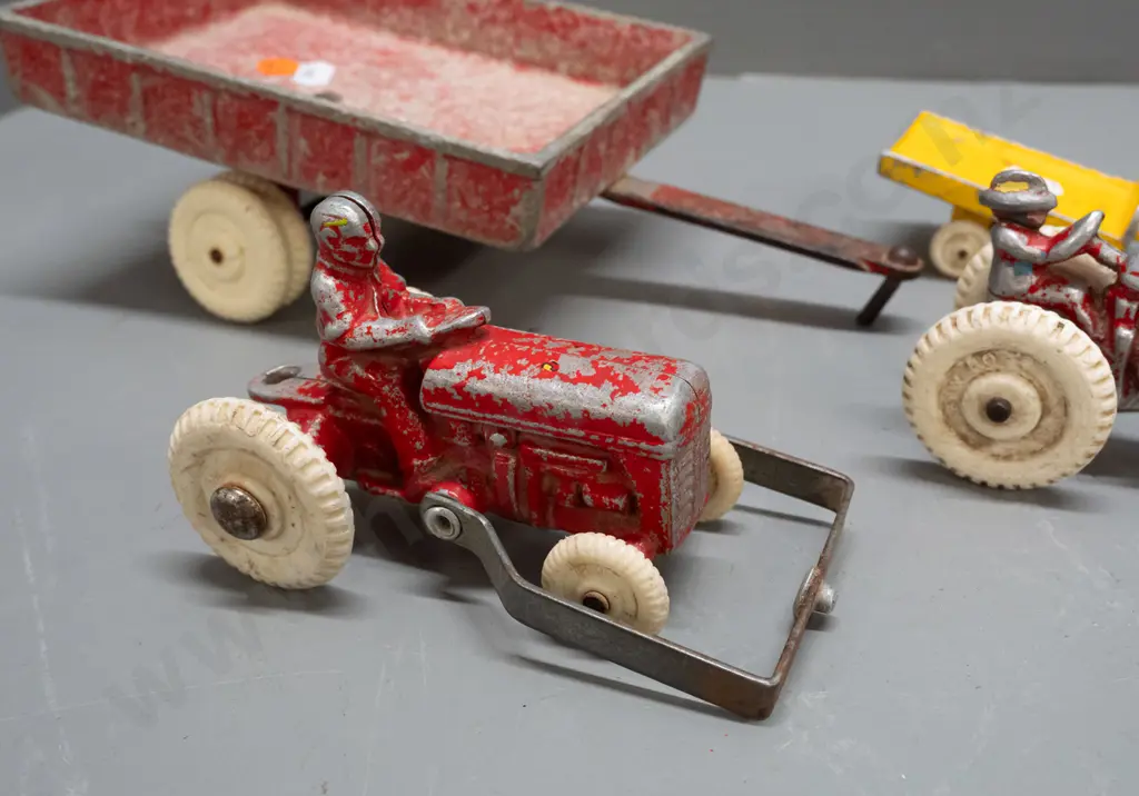 vintage Fun Ho white-wheel cast alloy vehicles - 2 tractors and 2 trailers. Larger tractor missing blade attachment, Image 1++