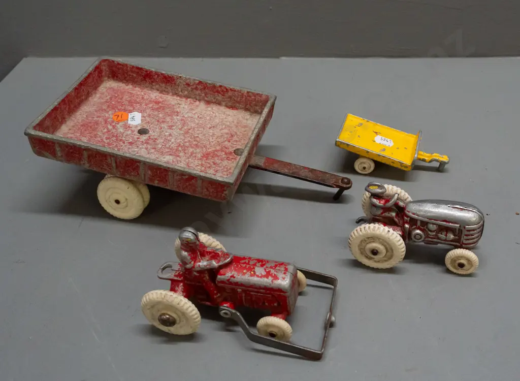 vintage Fun Ho white-wheel cast alloy vehicles - 2 tractors and 2 trailers. Larger tractor missing blade attachment, Image 1++