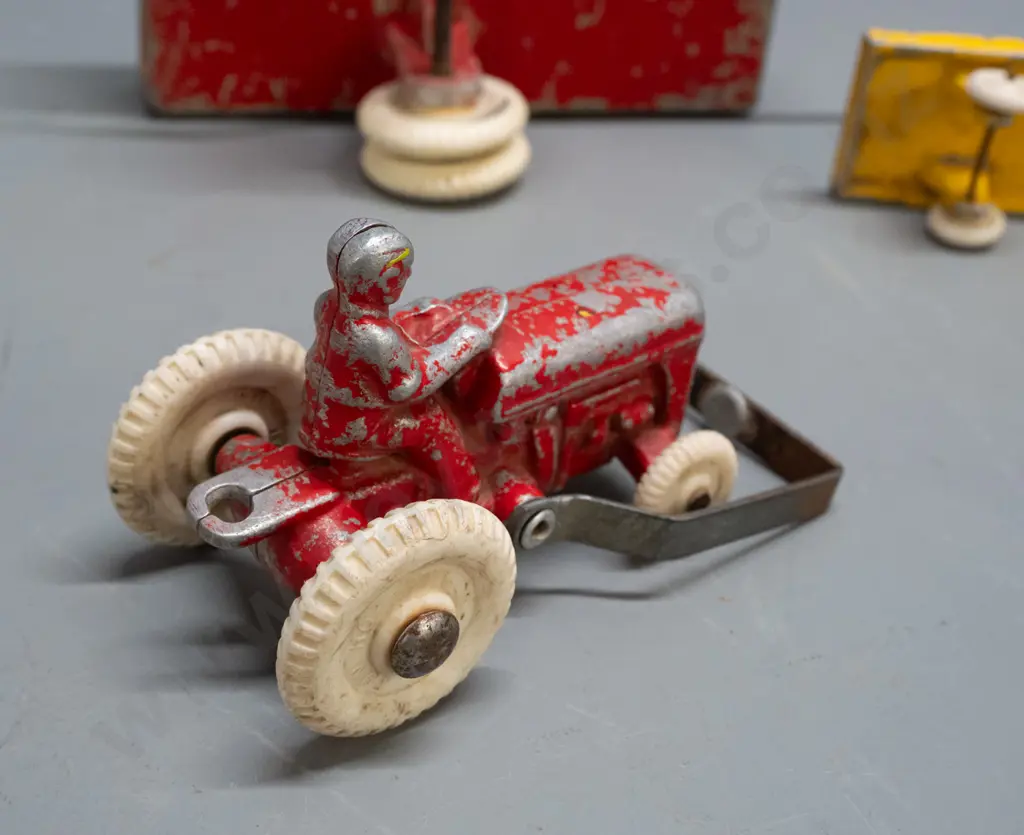 vintage Fun Ho white-wheel cast alloy vehicles - 2 tractors and 2 trailers. Larger tractor missing blade attachment, Image 1++