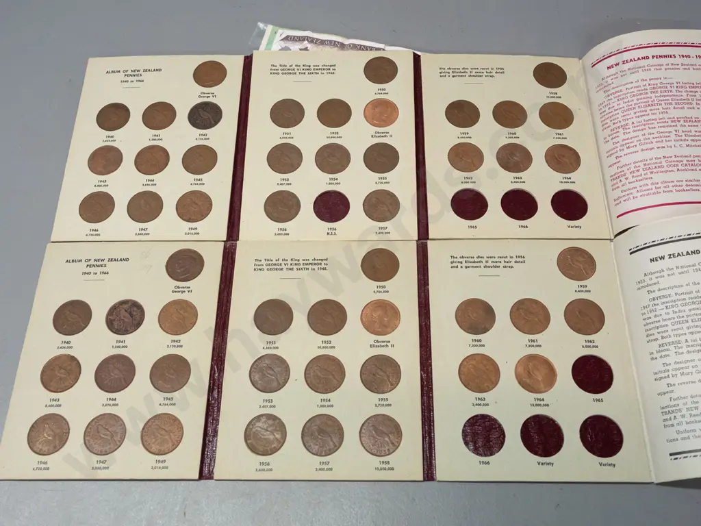 assorted coins & notes - 2 NZ penny albums, set of 4 Australian 50 cent coins, and Australian, NZ and asian bank notes Image 1++