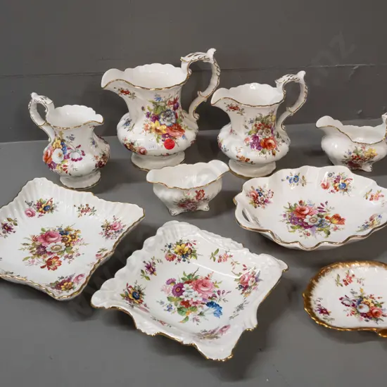 9 pieces of Hammersley fine pattern floral china - 4 dishes, 4 jugs, small bowl - largest jug H-150