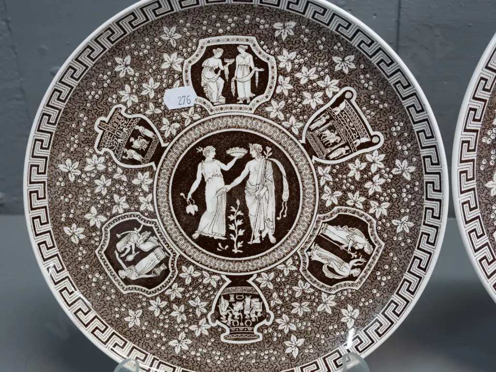2 vintage Copeland Spode brown and white Greek pattern plates - larger is D-255 Image 1++