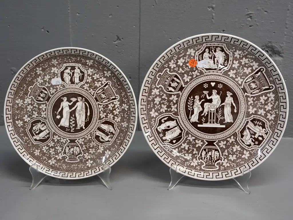 2 vintage Copeland Spode brown and white Greek pattern plates - larger is D-255 Image 1++