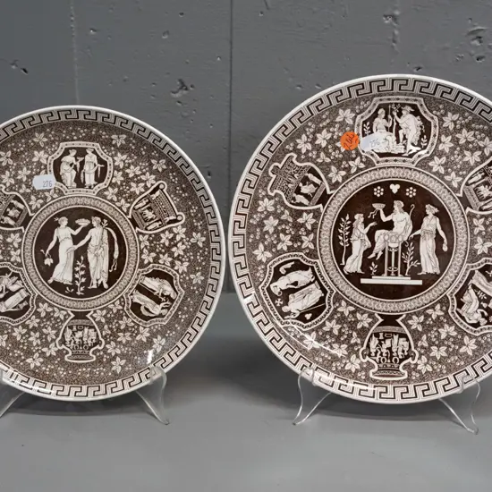 2 vintage Copeland Spode brown and white Greek pattern plates - larger is D-255