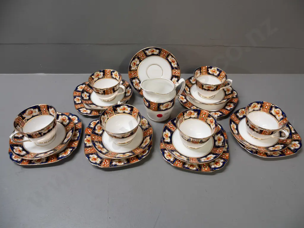 Royal Albert Crown China floral band and gilt tea ware - 6 trios, cream jug H-100 and spare saucer Image 1++