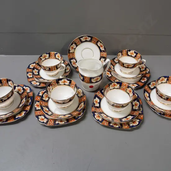 Royal Albert Crown China floral band and gilt tea ware - 6 trios, cream jug H-100 and spare saucer