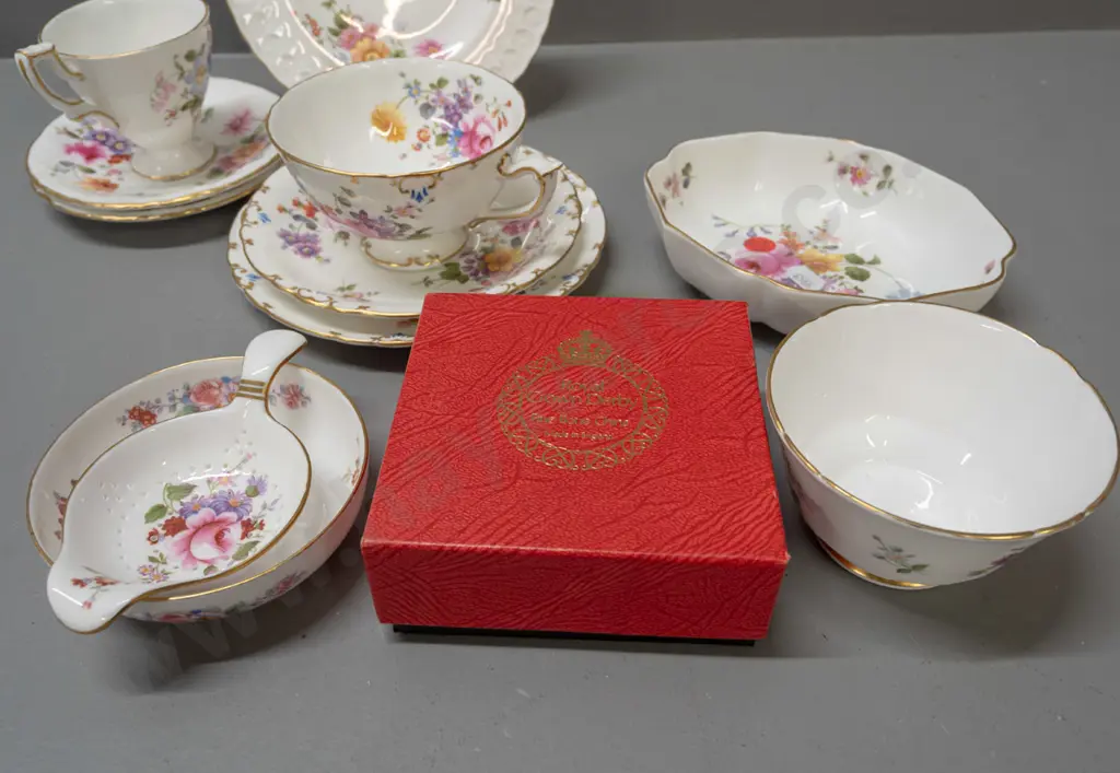 Royal Crown Derby fine floral china - posies tea strainer & bowl, a trio, oval bowl, and 4 pieces with raised motifs: Image 1++