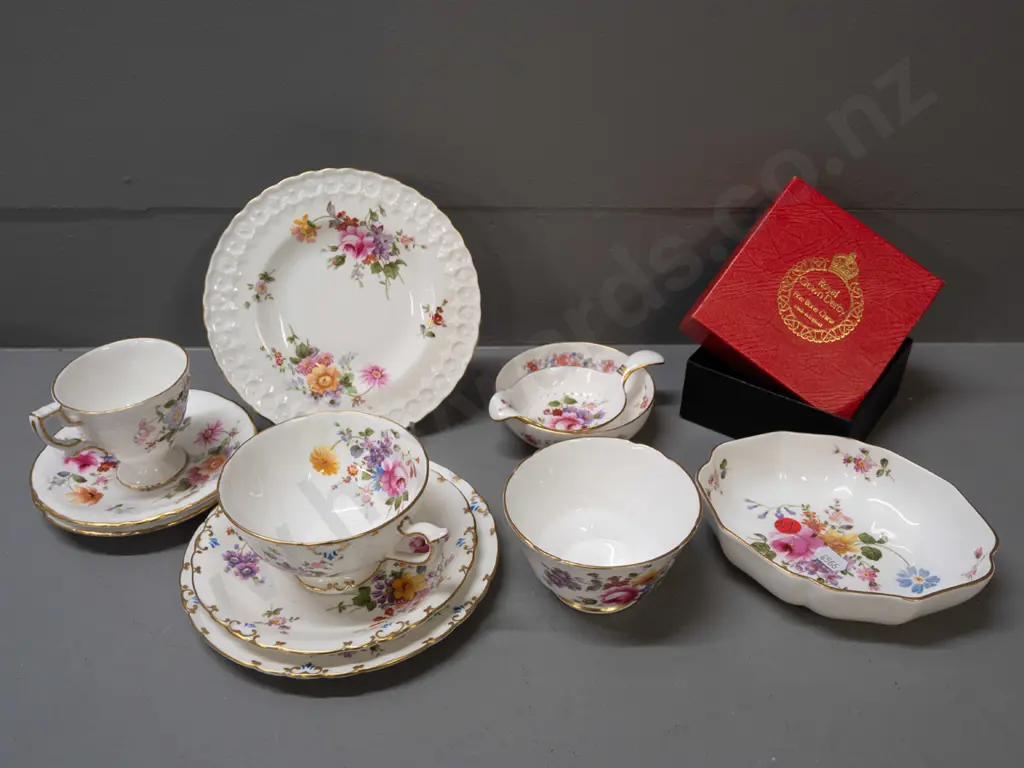 Royal Crown Derby fine floral china - posies tea strainer & bowl, a trio, oval bowl, and 4 pieces with raised motifs: Image 1++
