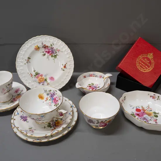 Royal Crown Derby fine floral china - posies tea strainer & bowl, a trio, oval bowl, and 4 pieces with raised motifs: