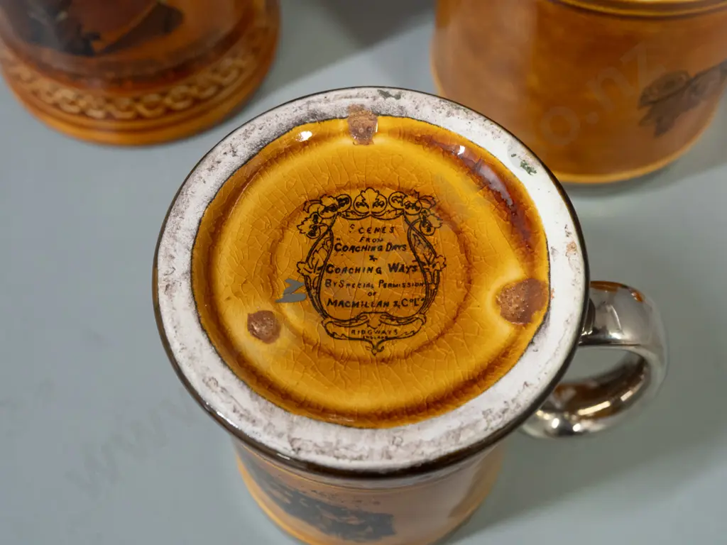 7 brown glaze tankards with silvered rims and handles, 6 are Lord Nelson pottery, smallest is Ridgways Coaching Days, Image 1++