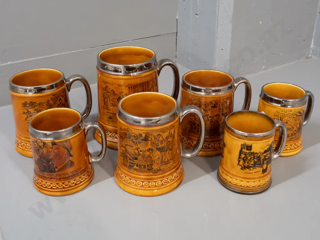7 brown glaze tankards with silvered rims and handles, 6 are Lord Nelson pottery, smallest is Ridgways Coaching Days, Image 1++