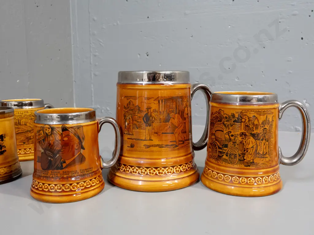 7 brown glaze tankards with silvered rims and handles, 6 are Lord Nelson pottery, smallest is Ridgways Coaching Days, Image 1++