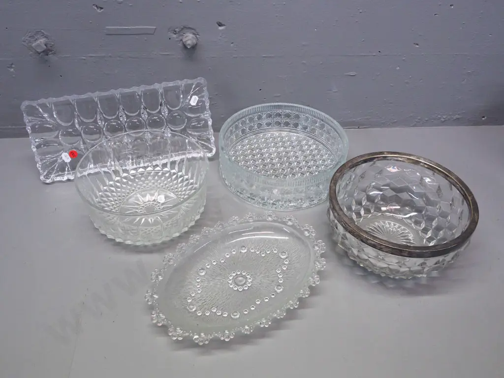 assorted vintage moulded glass bowls & serving trays, one bowl with silver-plated rim H-100 D-210 Image 1++