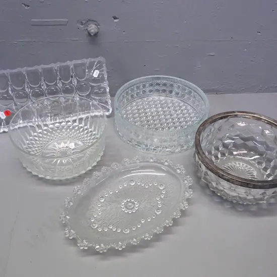 assorted vintage moulded glass bowls & serving trays, one bowl with silver-plated rim H-100 D-210