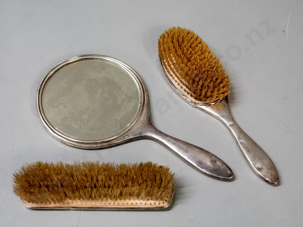 vintage 3-piece sterling silver dressing table set, all monogramed and hallmarked, overall scratches and denting, some Image 1++