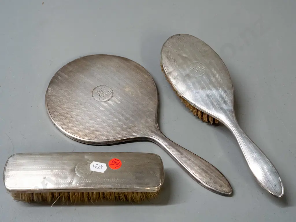 vintage 3-piece sterling silver dressing table set, all monogramed and hallmarked, overall scratches and denting, some Image 1++