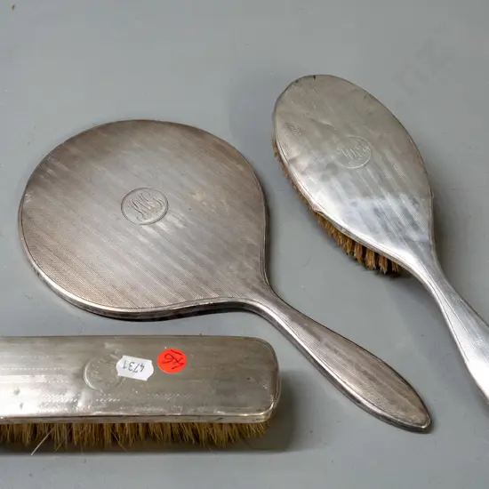 vintage 3-piece sterling silver dressing table set, all monogramed and hallmarked, overall scratches and denting, some