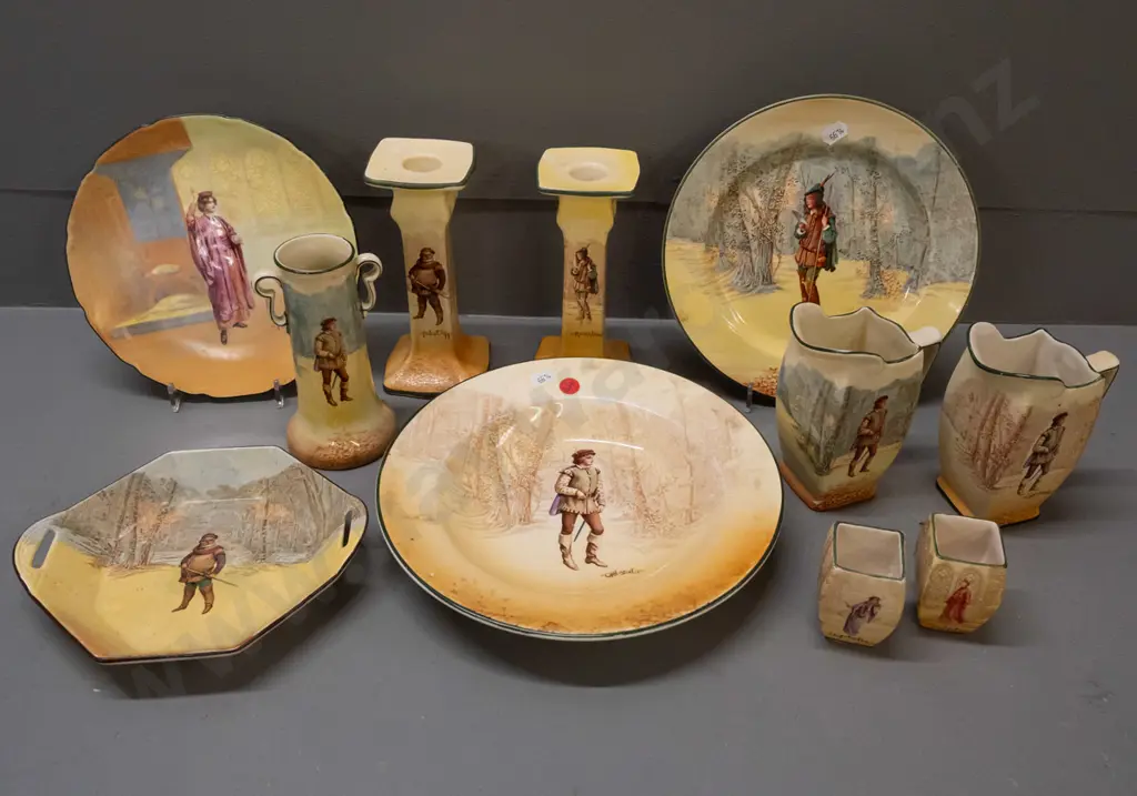 11 pieces Royal Doulton Shakespeare series ware: 2 candlesticks, 2 jugs, bud or toothpick vases, spill vase, large and Image 1++