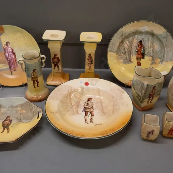 11 pieces Royal Doulton Shakespeare series ware: 2 candlesticks, 2 jugs, bud or toothpick vases, spill vase, large and